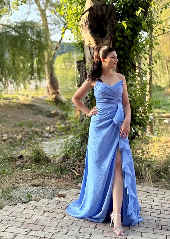 Mavi Drapeli Uzun Straplez Kadın Abiye - Görsel 4