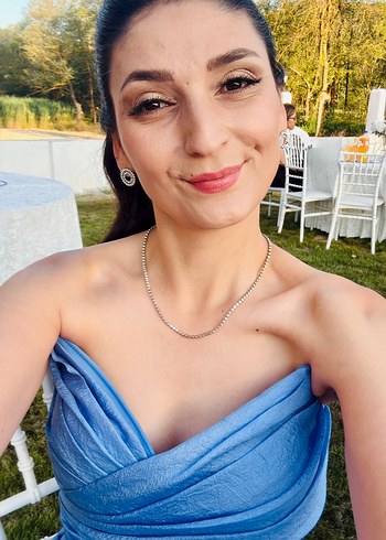 Abiye Mavi Drapeli Uzun Straplez Kadın Abiye