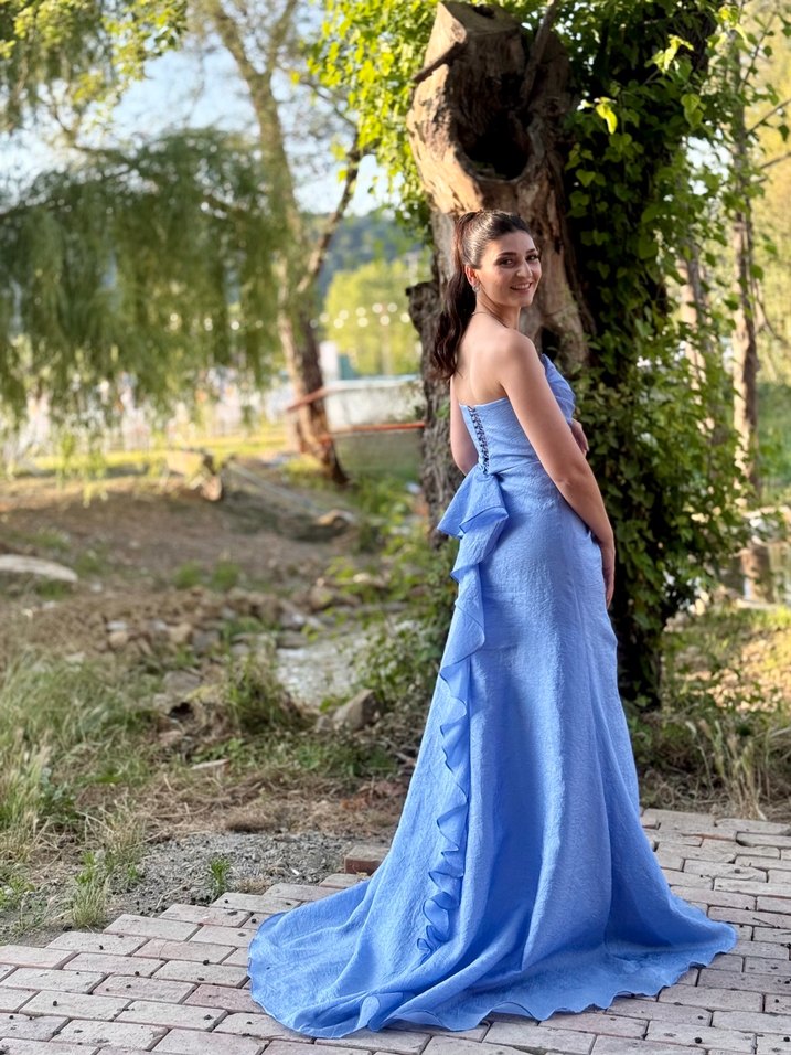 Mavi Drapeli Uzun Straplez Kadın Abiye - Görsel 5