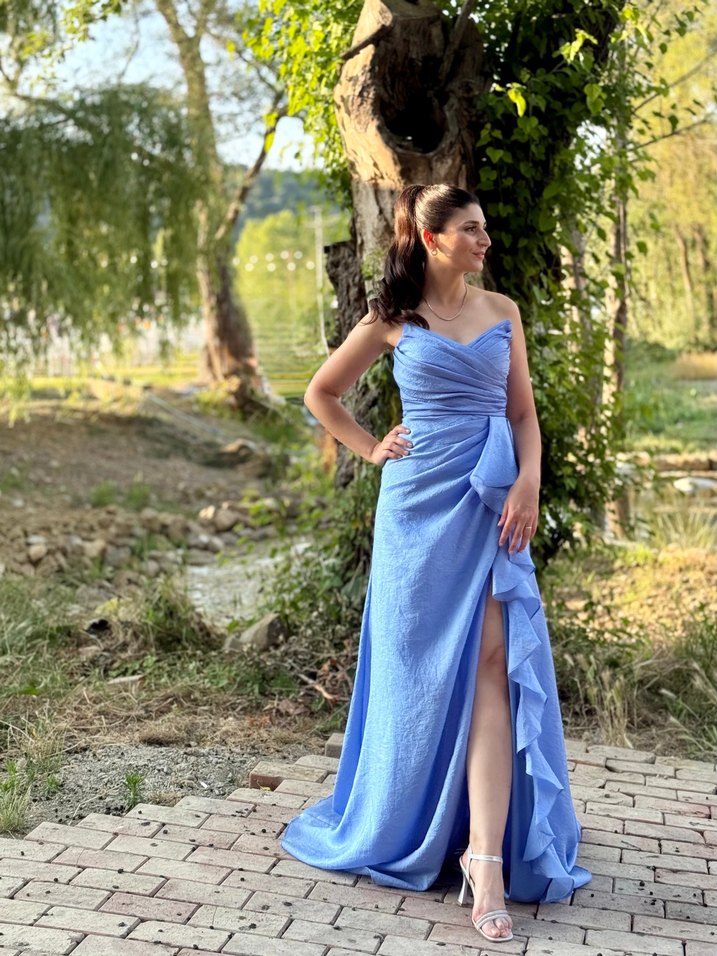 Mavi Drapeli Uzun Straplez Kadın Abiye - Görsel 4