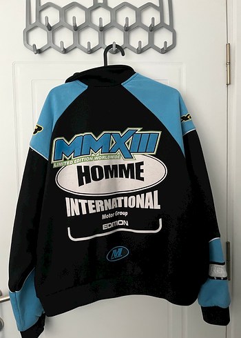 Mavi Baskılı Motorcu Tarzı Spor Ceket - Görsel 5