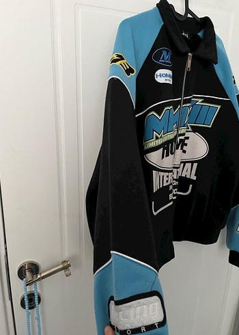 Mavi Baskılı Motorcu Tarzı Spor Ceket - Görsel 3