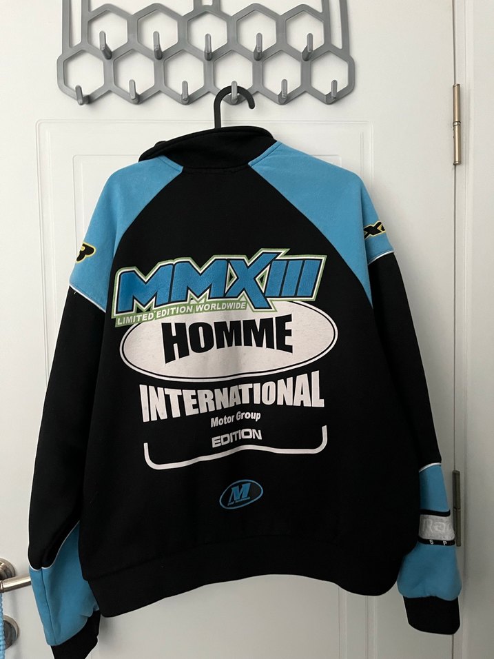 Mavi Baskılı Motorcu Tarzı Spor Ceket - Görsel 5