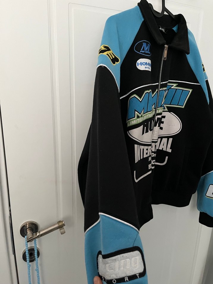 Mavi Baskılı Motorcu Tarzı Spor Ceket - Görsel 3