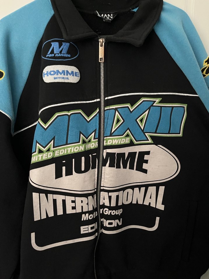 Mavi Baskılı Motorcu Tarzı Spor Ceket - Görsel 2