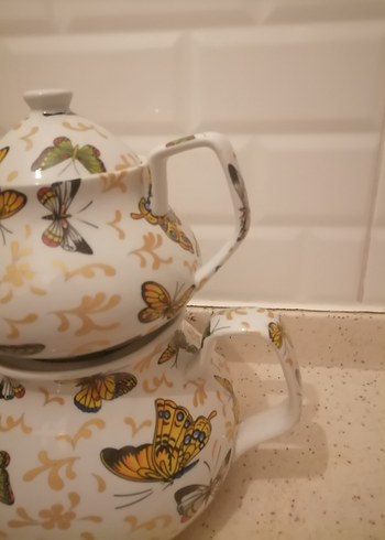 Kelebek Desenli Beyaz Çaydanlık - Görsel 4