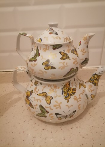Kelebek Desenli Beyaz Çaydanlık - Görsel 3