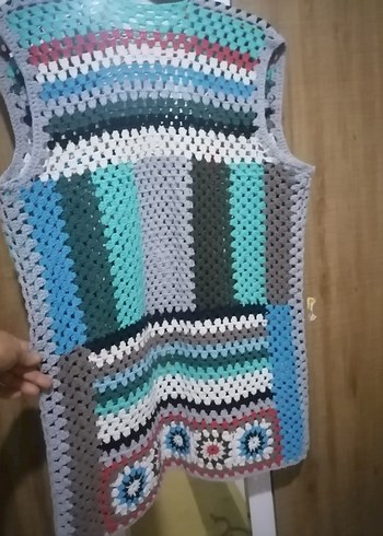 Renkli Bohem Örgü Kolsuz Uzun Hırka - Görsel 2