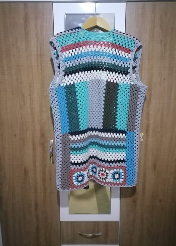 Renkli Bohem Örgü Kolsuz Uzun Hırka - Görsel 3