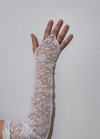 Beyaz Çiçekli Dantel Kolluk Eldiven  - Görsel 5