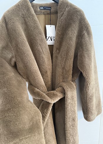 m Beden camel Renk Kuşaklı Uzun Kadın Bej Peluş Kaban