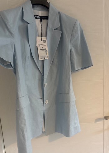 m Beden Mavi Kısa Kollu Keten Mini Blazer