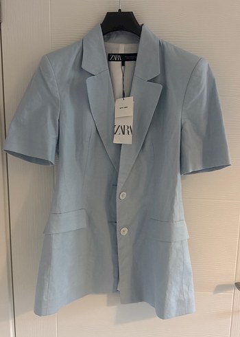 Mavi Kısa Kollu Keten Mini Blazer