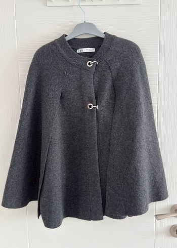 Zara Düğmeli Gri Kadın pelerin - Görsel 4