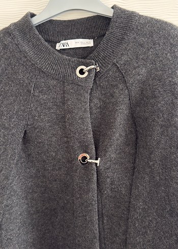 Zara Düğmeli Gri Kadın pelerin - Görsel 3