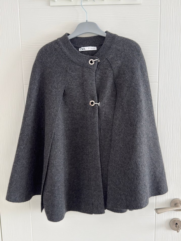 Zara Düğmeli Gri Kadın pelerin - Görsel 4