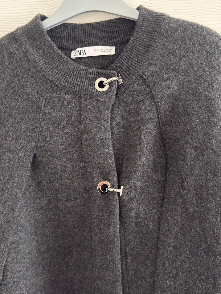 Zara Düğmeli Gri Kadın pelerin - Görsel 3