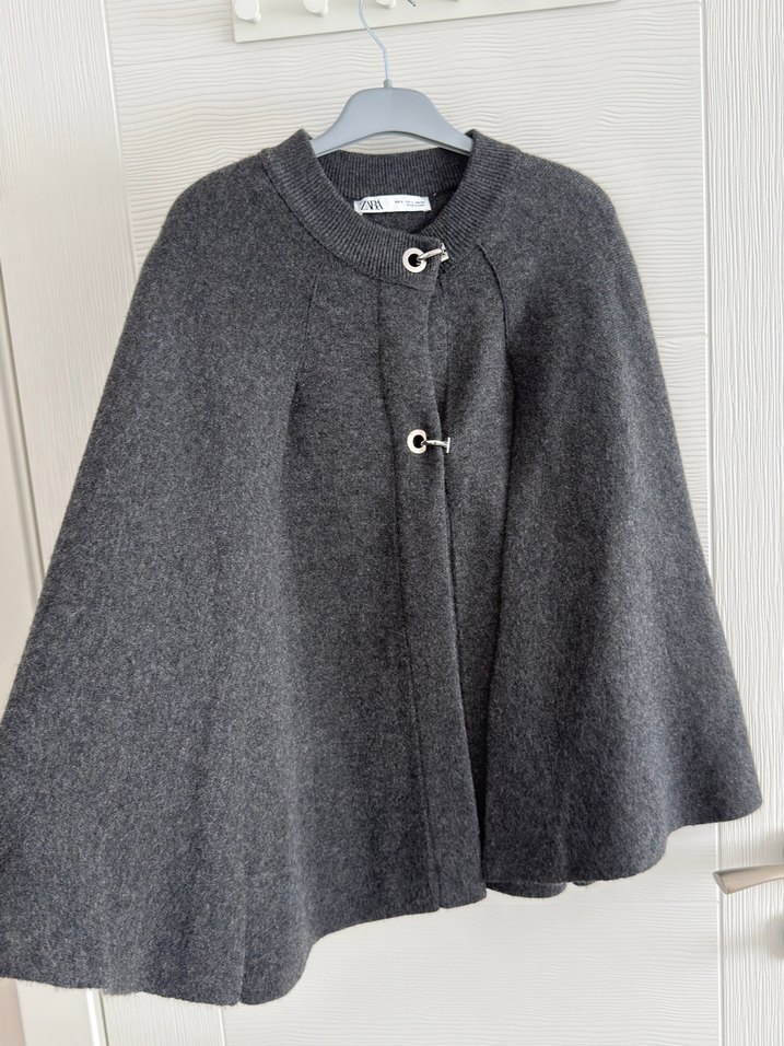 Zara Düğmeli Gri Kadın pelerin - Görsel 2