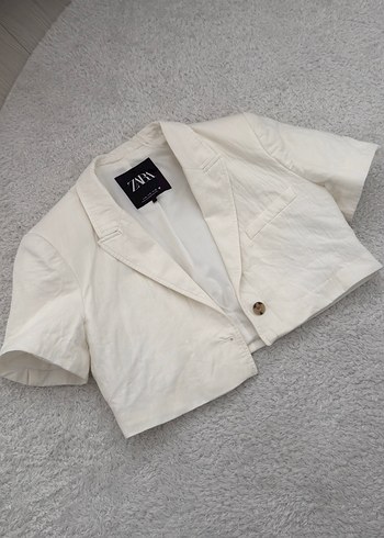 ZARA Beyaz Keten Mini Kısa Kollu Blazer - Görsel 2