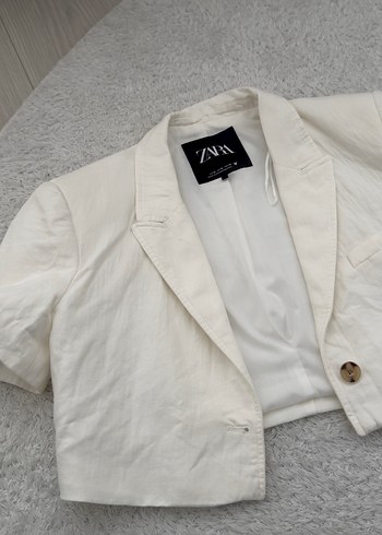 ZARA Beyaz Keten Mini Kısa Kollu Blazer - Görsel 3