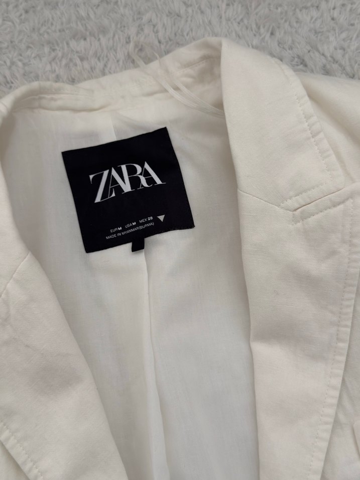 ZARA Beyaz Keten Mini Kısa Kollu Blazer - Görsel 4