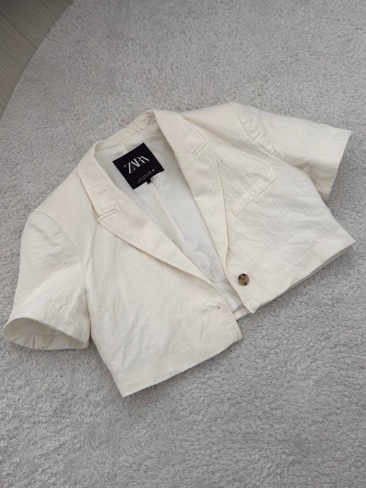 ZARA Beyaz Keten Mini Kısa Kollu Blazer - Görsel 2