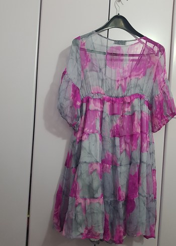 Pembe-Gri Bağlama Desenli Salaş Midi Elbise - Görsel 2