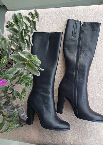 Siyah Deri Dizüstü Topuklu Kadın Çizme - Görsel 3