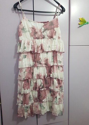 Pembe Bağlama Desenli Mini Fırfırlı Elbise - Görsel 2