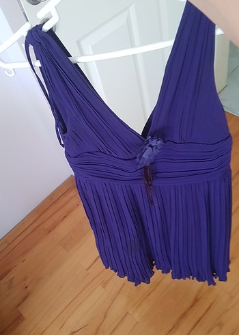 Mavi Piliseli Midi Straplez Abiye Elbise - Görsel 3