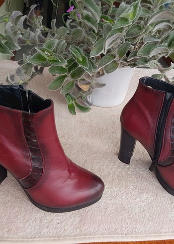 Bordo Deri Stiletto Topuklu Kadın Bot - Görsel 2