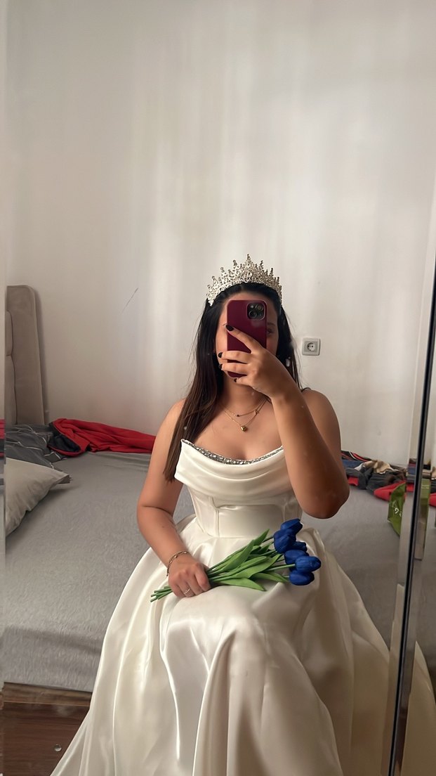 Beyaz Straplez Prenses Gelinlik Midi Boy - Görsel 2