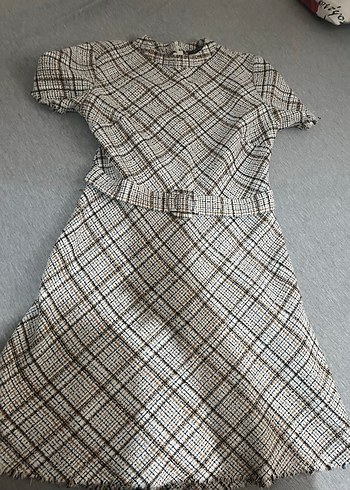 Kemerli Bej Ekose Midi Elbise - Görsel 2