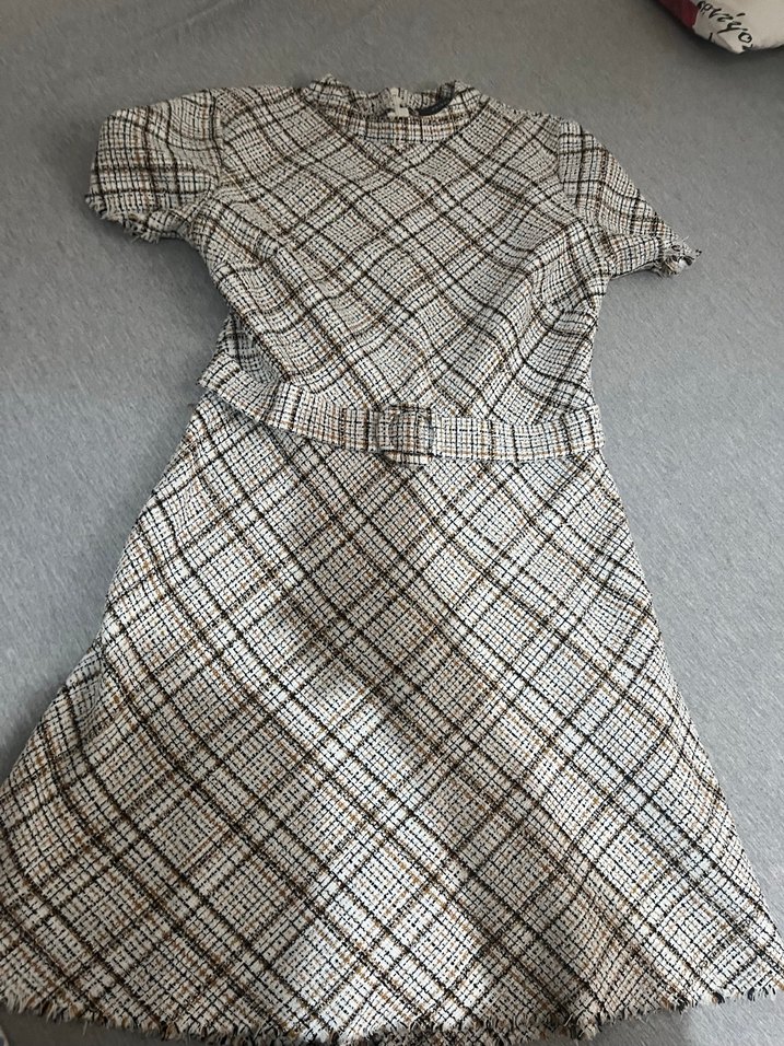 Kemerli Bej Ekose Midi Elbise - Görsel 2