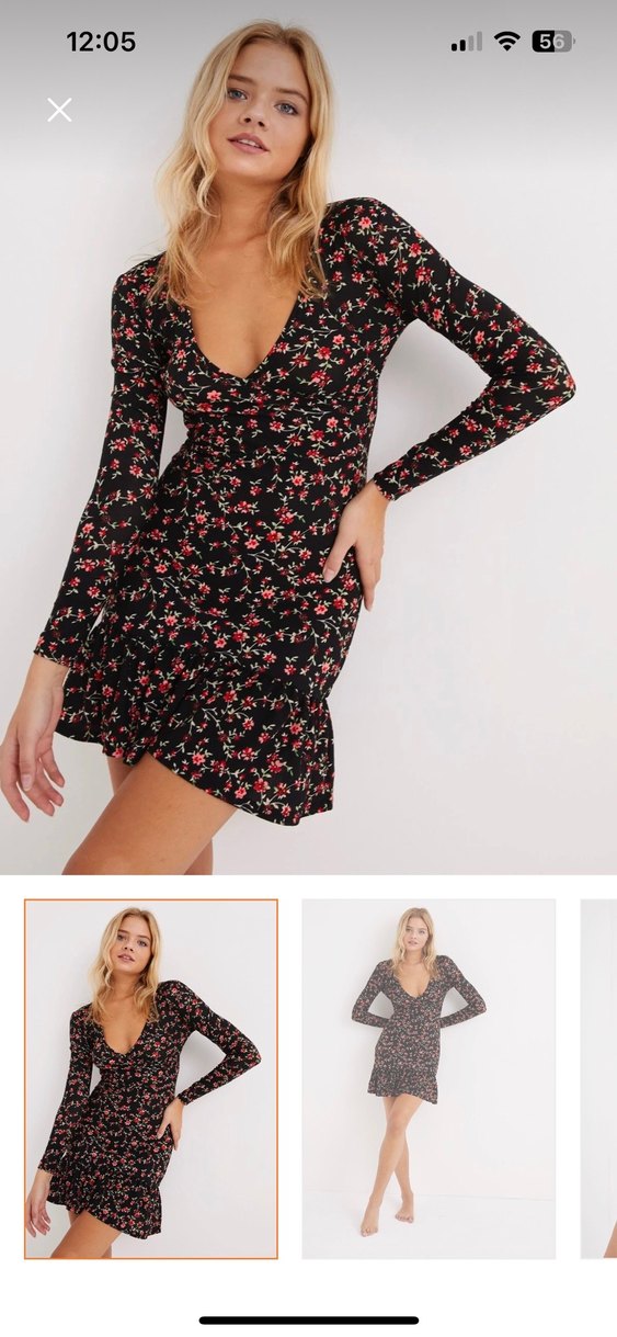 Uzun Kollu V Yaka Siyah Çiçekli Midi Elbise - Görsel 3