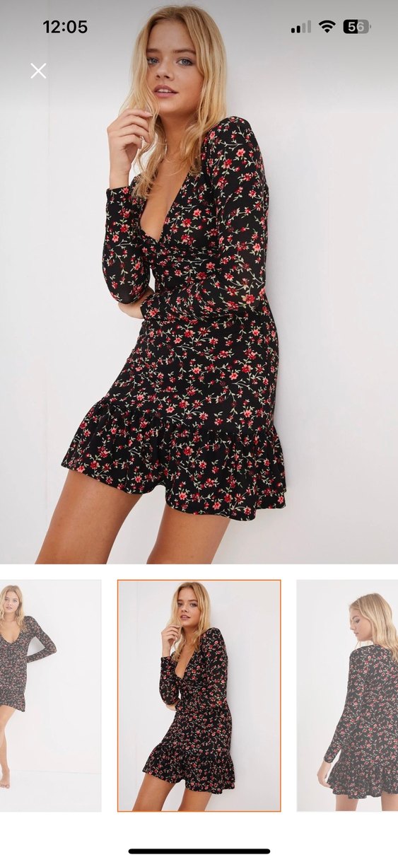 Uzun Kollu V Yaka Siyah Çiçekli Midi Elbise - Görsel 2