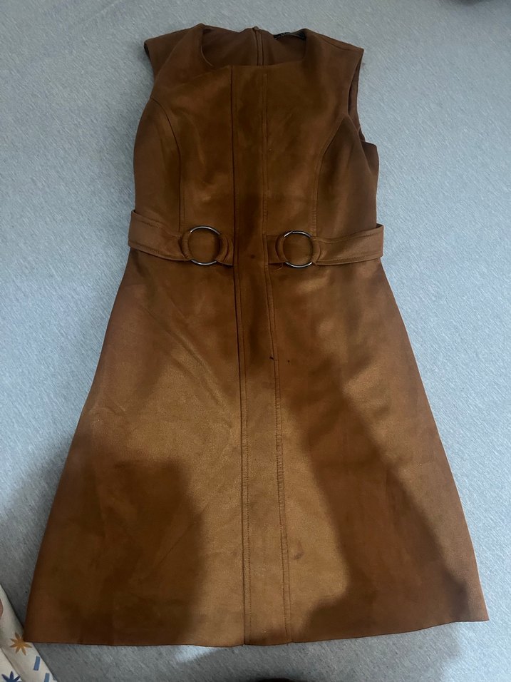 Kahverengi Deri Kemerli Uzun Kollu Kolsuz Kadın elbise - Görsel 2