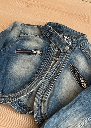 Mavi Parlak Düğmeli Biker Denim Ceket