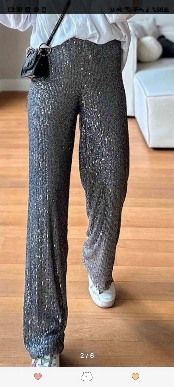 Gri Payetli Kadın Bol Kesim Pantolon - Görsel 2
