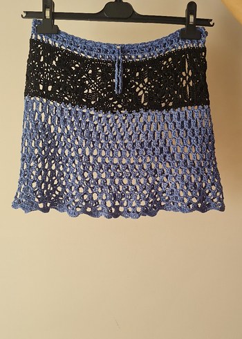 Tasarımcı Örgü Motif Detaylı Bohem Mavi Mini Etek