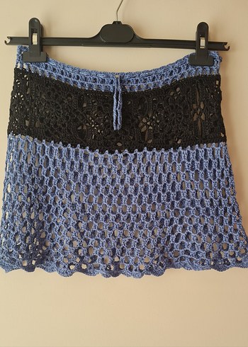 s Beden Örgü Motif Detaylı Bohem Mavi Mini Etek