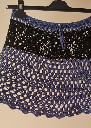Örgü Motif Detaylı Bohem Mavi Mini Etek