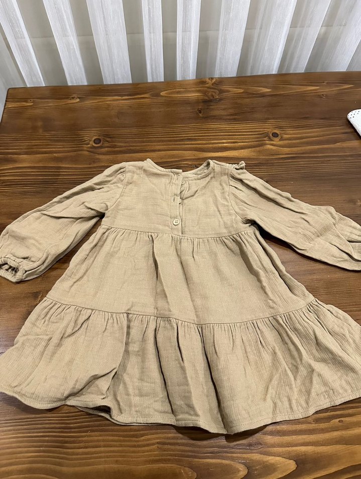 Kız Çocuk Bej Keten Fırfırlı Elbise - Görsel 2