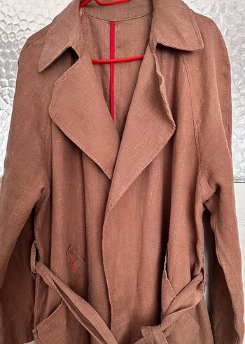 Kahve Uzun Keten Kadın Trençkot - Görsel 4