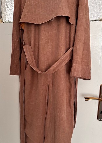 Kahve Uzun Keten Kadın Trençkot - Görsel 3