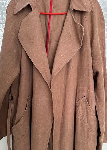 Kahve Uzun Keten Kadın Trençkot - Görsel 5