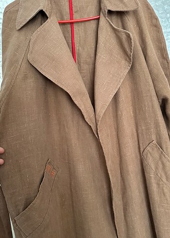 Kahve Uzun Keten Kadın Trençkot - Görsel 6