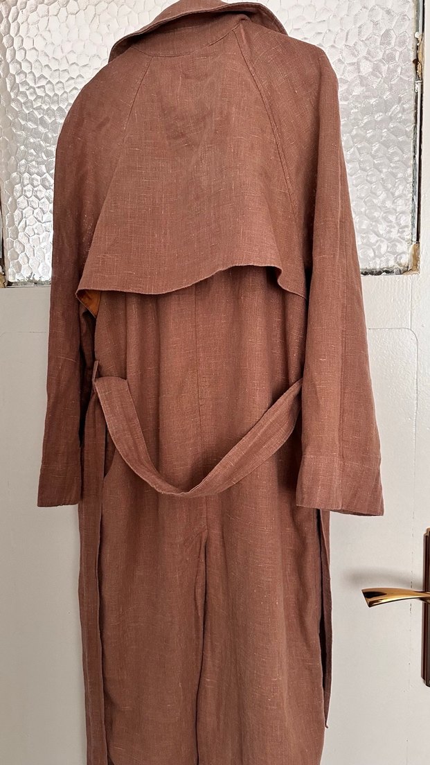 Kahve Uzun Keten Kadın Trençkot - Görsel 2