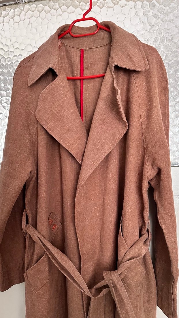 Kahve Uzun Keten Kadın Trençkot - Görsel 4