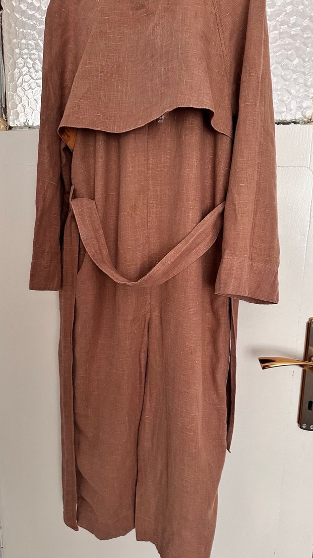 Kahve Uzun Keten Kadın Trençkot - Görsel 3